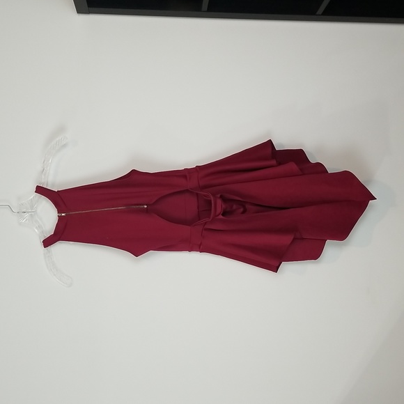 Red Burgandy Halter Neck High Waist Bootie Short Dress w/ Cut Out Back - Picture 7 of 13